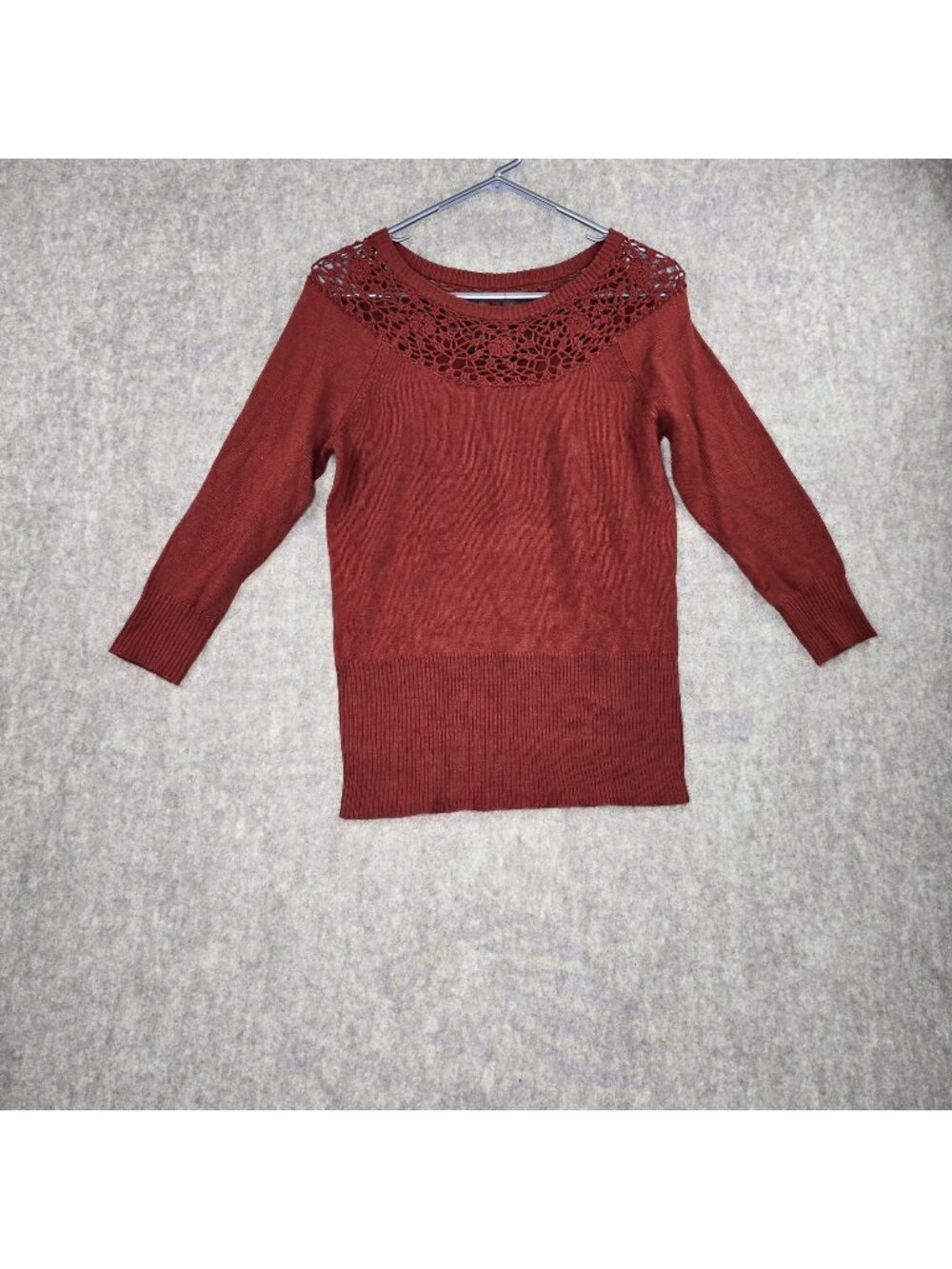 Outback Red Womens Crochet Yoke Sweater Rust Red Medium Acrylic Pullover Knit